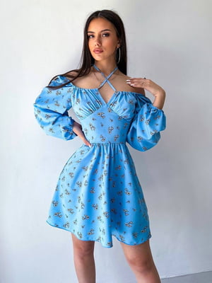 Платье А-силуэта голубое с принтом | 6398515