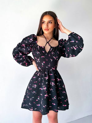 Сукня А-силуету чорна з квітковим принтом | 6398517