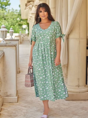 Платье А-силуэта зеленое с цветочным принтом | 6398560