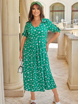 Платье А-силуэта зеленое с цветочным принтом | 6398561