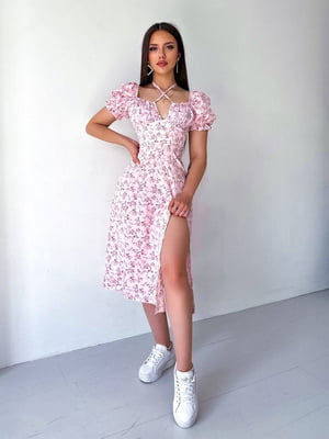 Платье А-силуэта розовое с цветочным принтом | 6398605