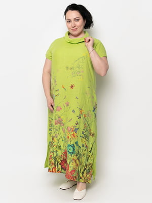 Платье А-силуэта зеленое в цветочный принт | 6401296