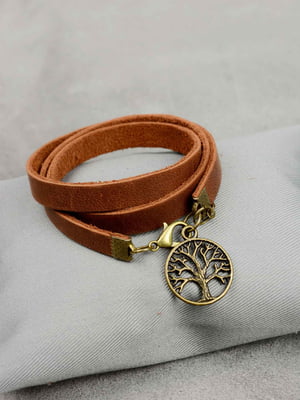 Шкіряний браслет-стрічка з медальйоном світло-коричневий  | 6402010