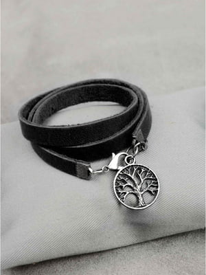 Шкіряний жіночий браслет-стрічка з медальйоном чорний  | 6403498