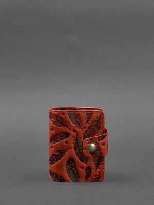 Шкіряний кард-кейс (Книжечка) кораловий з пір'ям  | 6403510