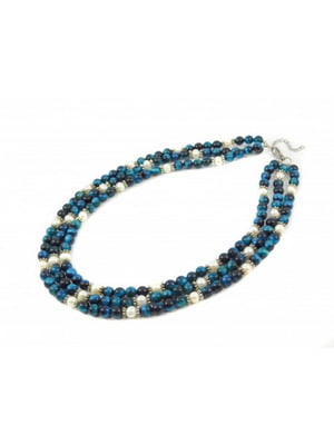 Намисто "Ауріка" з коштовного каміння (котяче око синє, перли, 3 ряди) | 6419692