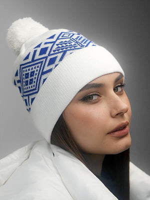Шапка «Skier» белая с синим орнаментом | 6422073