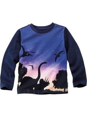 Лонгслив "Ночные динозавры" синий с рисунком | 6428688