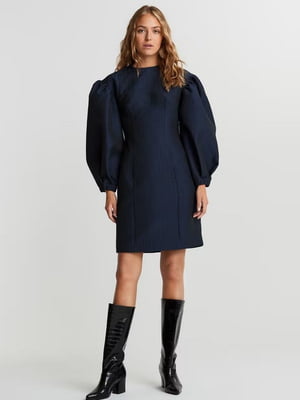 Сукня А-силуету з об'ємними рукавами синя | 6431677