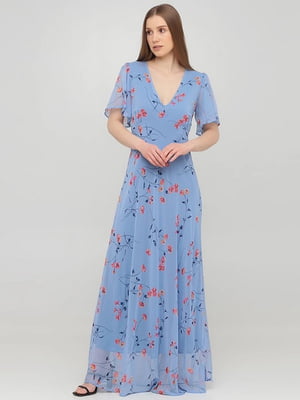 Платье А-силуэта голубое в цветочный принт | 6431808