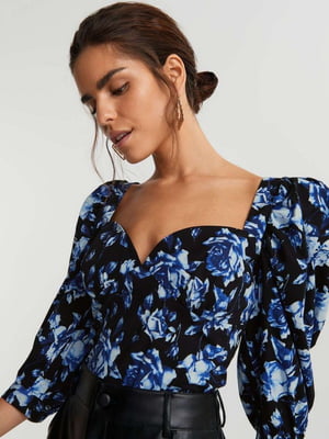 Блуза синяя с цветочным принтом | 6431871