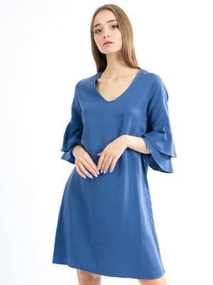 Платье А-силуэта синее с двойным воланом | 6432028