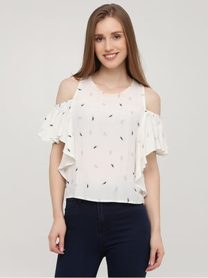 Блуза с открытыми плечами белая с принтом | 6432037
