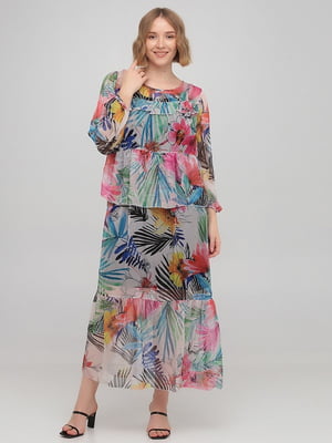 Платье А-силуэта разноцветное с цветочным принтом | 6432300