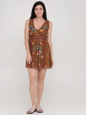 Сукня А-силуету коричнева з квітковим принтом | 6432366