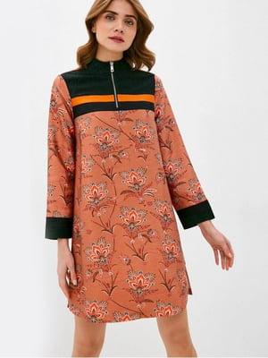 Сукня А-силуету коралового кольору в принт | 6432610