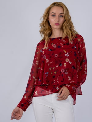 Блуза червона з квітковим принтом | 6435366
