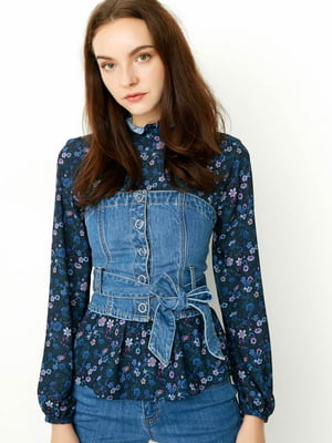 Блуза з корсетом синя з квітковим принтом | 6435452