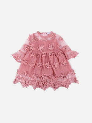 Платье сетчастое розовое с вышивкой на рукавах с воланами | 6435486