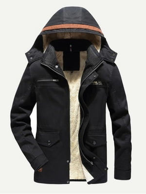 Пальто чорне з капюшоном та вовняною підкладкою | 6435580