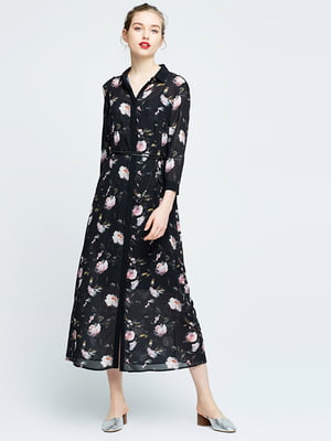 Сукня-сорочка чорна з квітковим принтом | 6436112