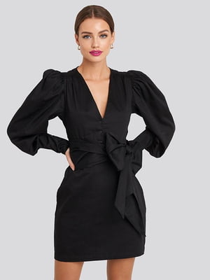 Сукня-футляр чорна з довгими рукавами та бантом | 6436432