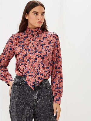 Блуза с завязкой терракотовая с цветочным принтом | 6436599