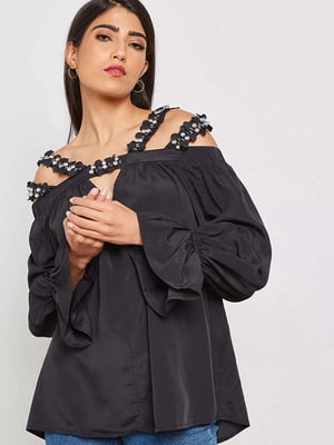 Блуза с открытыми плечами черная | 6436600
