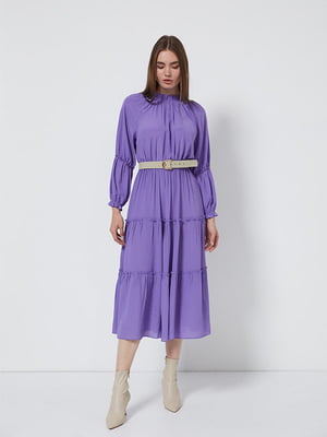 Сукня А-силуету фіолетова з довгим рукавом і поясом | 6438106
