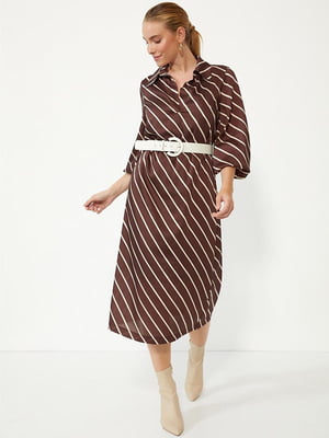 Платье А-силуэта коричневое в полоску с поясом | 6438109