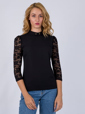 Блуза с кружевными рукавами черная | 6438347