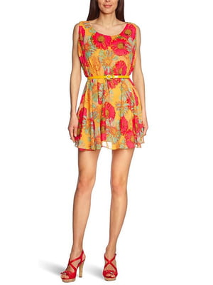 Платье А-силуэта оранжевое с цветочным принтом | 6440031