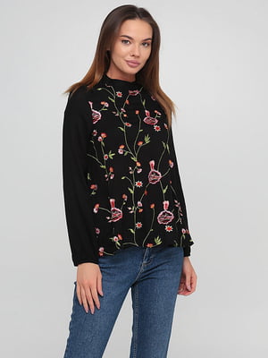 Блуза чорна з квітковим принтом | 6440073