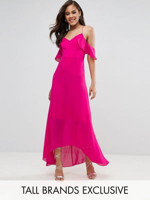 Платье А-силуэта макси с открытыми плечами розовое | 6440356