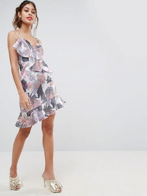Сукня А-силуету в тропічний принт з рюшами і різнобарвним запахом | 6440488