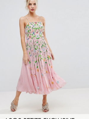 Платье А-силуэта миди с цветочным принтом розовое | 6440490