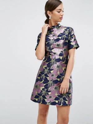 Жаккардовое мини-платье с высоким воротом и цветочным принтом синее | 6441026