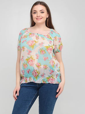 Блуза бирюзово-бежевая с цветочным принтом | 6441614