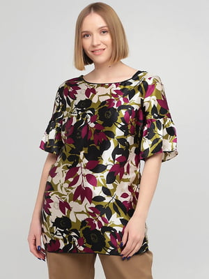 Блуза цвета хаки с цветочным принтом | 6441711
