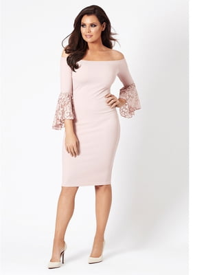 Сукня-футляр з мереживними вставками на рукавах у стилі флейти світло-рожева | 6442284