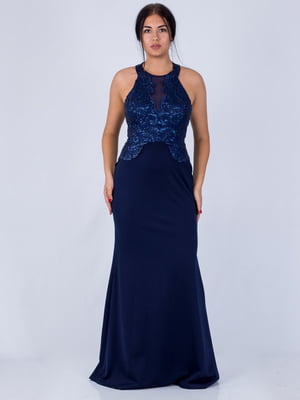 Вечірня сукня з ручною вишивкою з паєток синя | 6442338