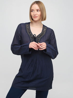 Блуза синяя с декором удлиненная | 6443083