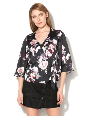 Блуза чорна з квітковим принтом | 6444101