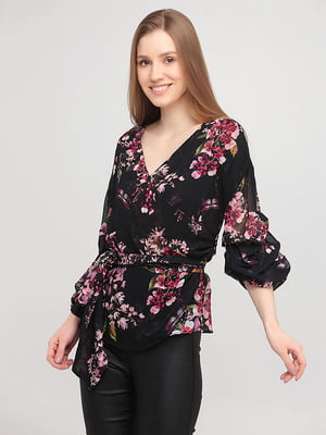 Блуза черная с цветочным принтом | 6444127