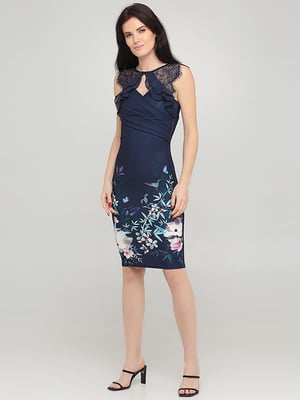 Сукня синя з квітковим принтом | 6444137