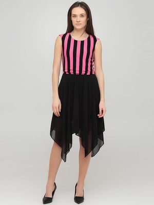 Платье А-силуэта черно-розовое в полоску | 6445308