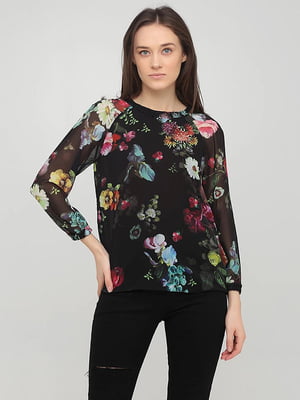 Блуза чорна з квітковим принтом | 6445989
