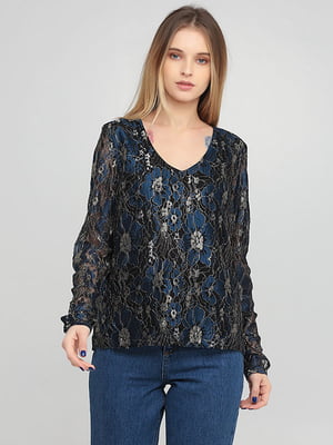 Блуза черно-синяя с цветочным рисунком | 6446099