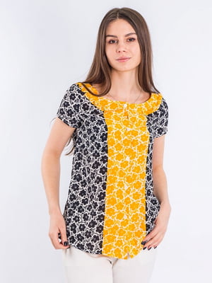 Блуза черно-желтая с цветочным принтом | 6446308