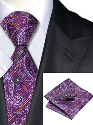 Краватка фіолетова в помаранчеву та зелену смужку. | 6457072
